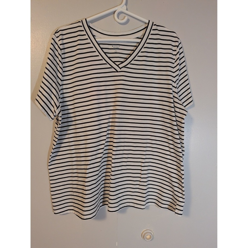 Market & Spruce Womens 2X black and White Striped V-Neck Short Sleeve Tee Shirt